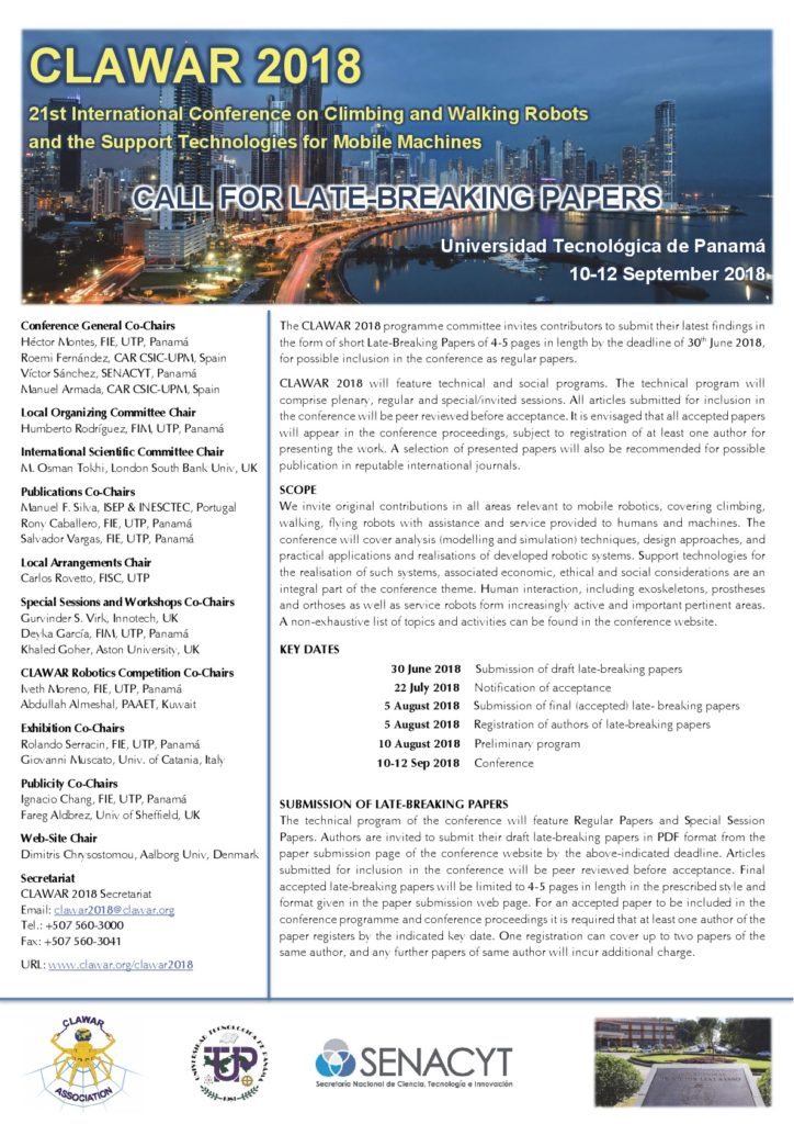 Call for LateBreaking Papers to CLAWAR 2018 21st